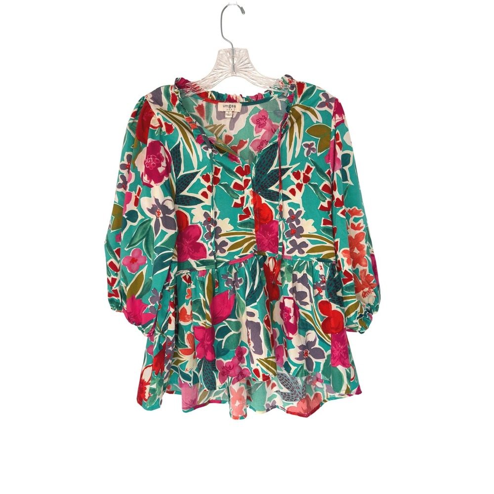 Umgee Peasant Blouse Blue Floral Puff Sleeve Tie Front V-Neck Work Casual Small
